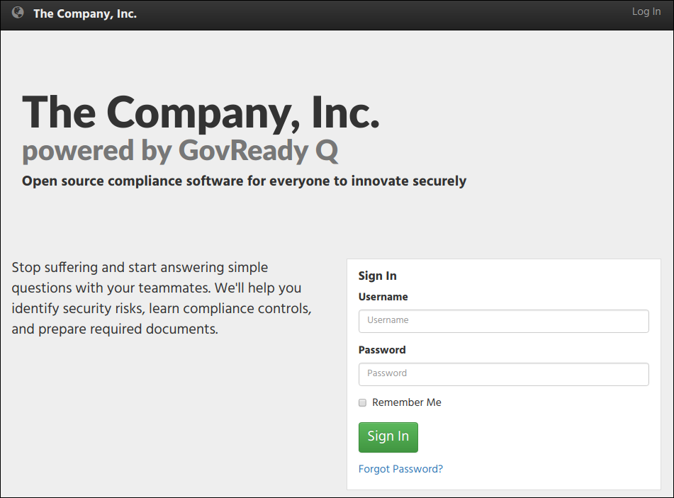 First run of GovReady-Q with the organization configured
