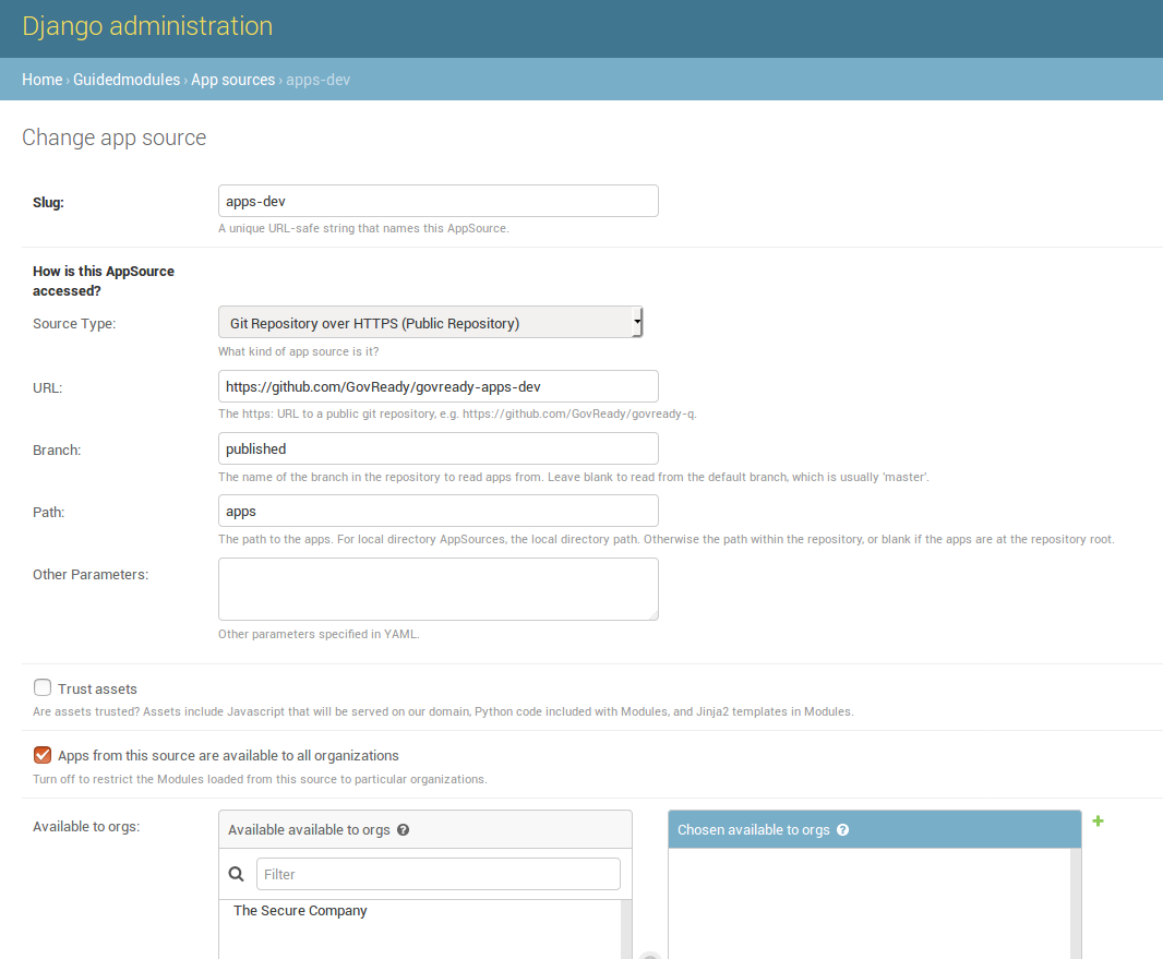 Screenshot of AppSource from GovReady-Q Django admin interface